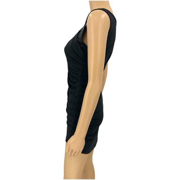 American VINTAGE Cache XS Black Asymmetrical Sheath Mini Dress Rhinestone Ruche - Picture 2 of 12